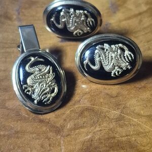Gold and Black Dragon Cufflinks and Tie Clip Set